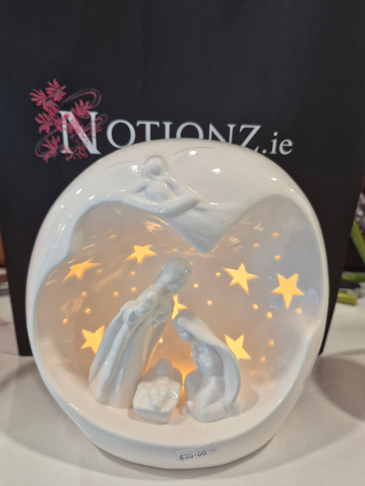 Round White Porcelain Nativity Scene with LED