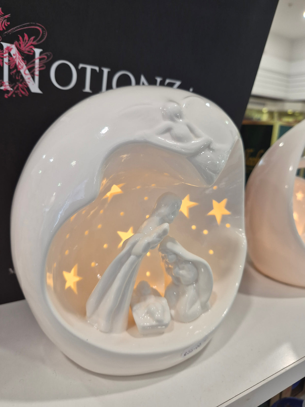 Round White Porcelain Nativity Scene with LED