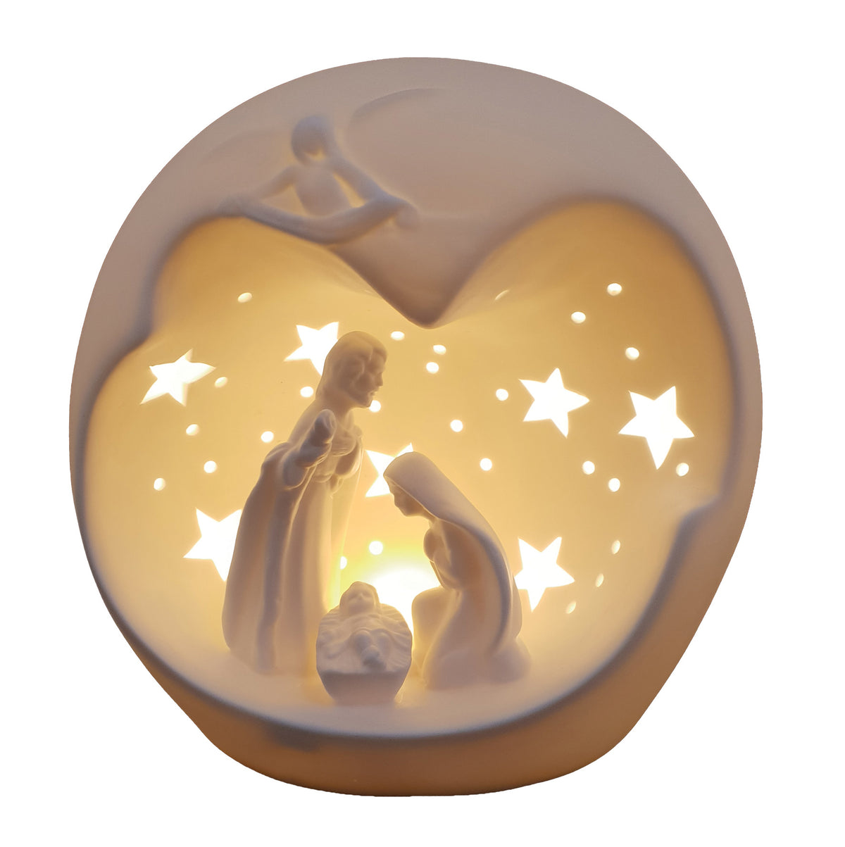 Round White Porcelain Nativity Scene with LED