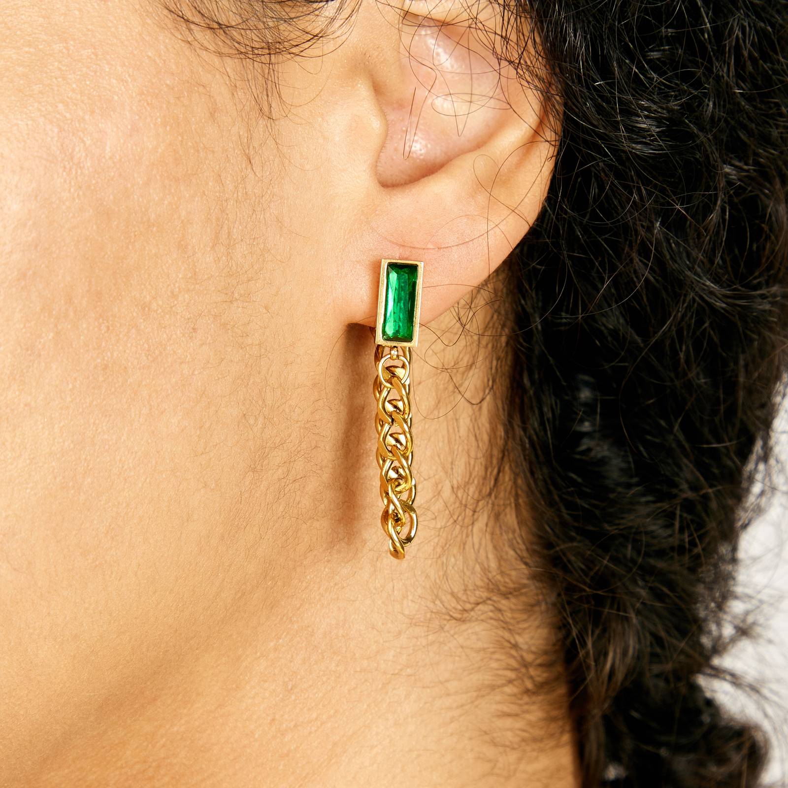 18K Gold Plated Green Cubic Zirconia Chain Drop Earrings