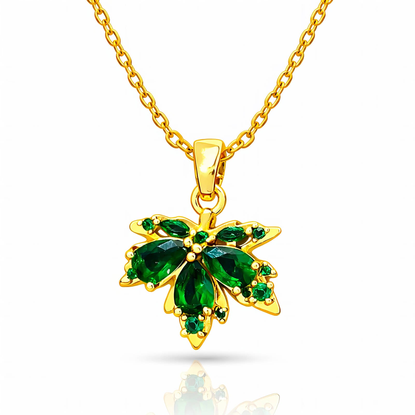 Green Crystal Leaf Pendant Necklace in 18K Gold Plating