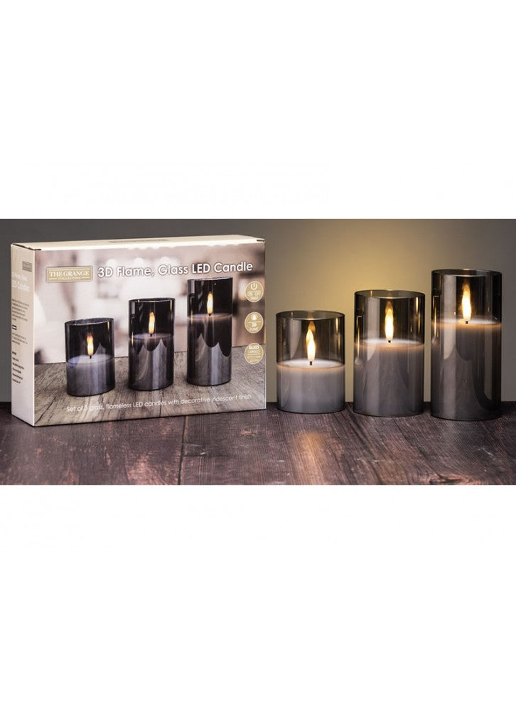 The Grange Collection Candle LED Candle Set of 3 in Smoky Glass