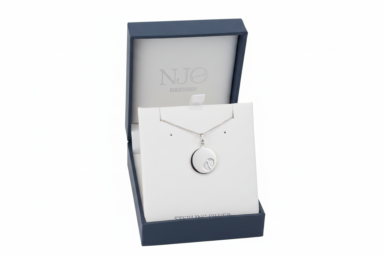 NJO Sterling Silver Baby Feet Disk Necklace