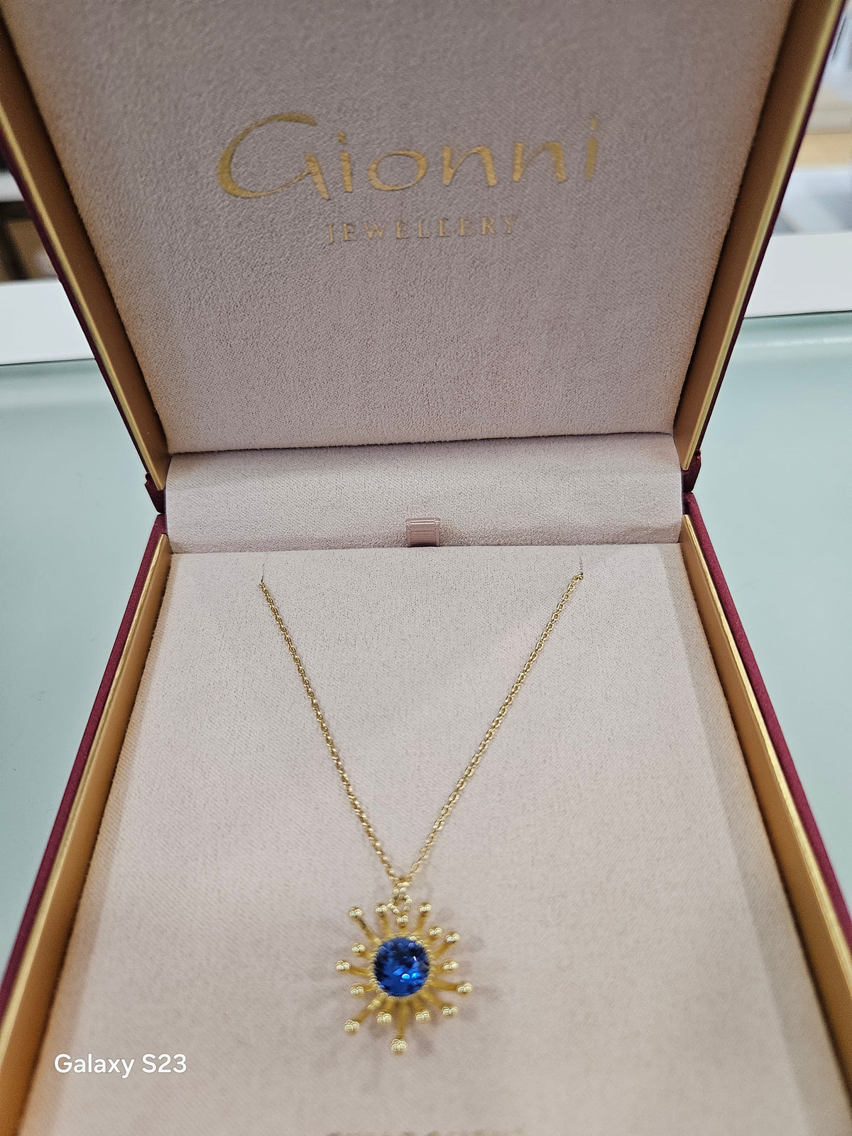 Blue Crystal Starburst Necklace Goldplated