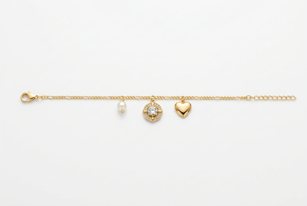 Pearl Crystal & Hart charme Goldplated Bracelet