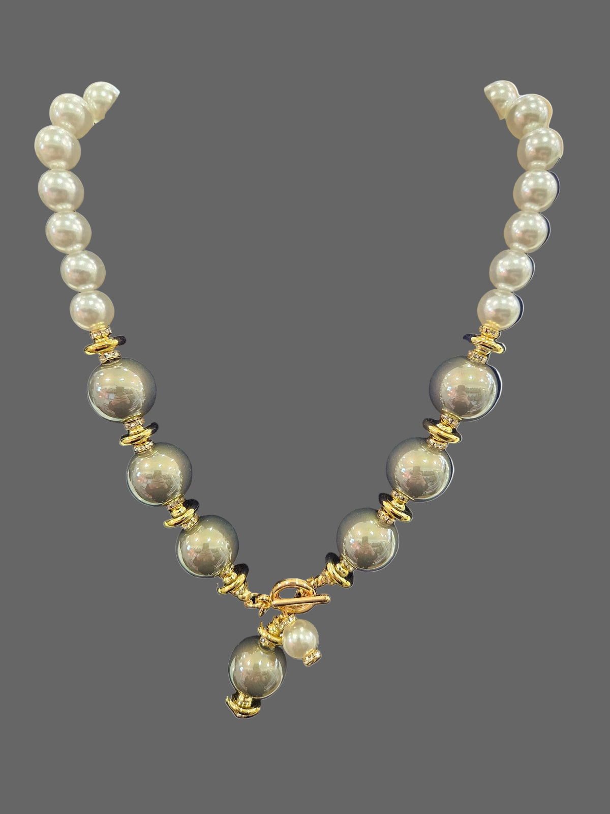 Gold,grey & pearl T bar necklace