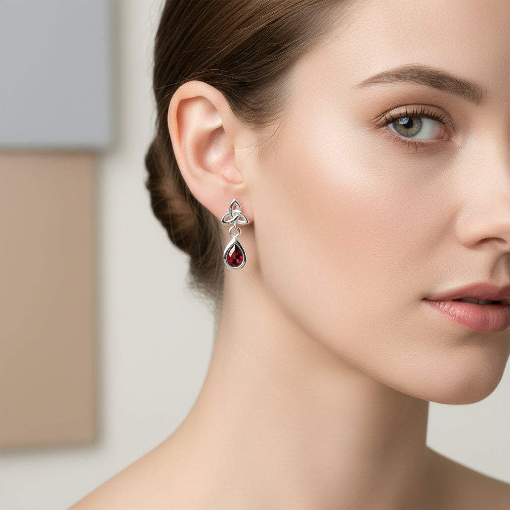 Silver Trinity Knot garnet earings