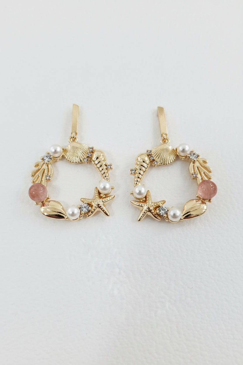 Maureen O Hara Goldplated Drop Earrings Shells, Pearls & Peach Stones.