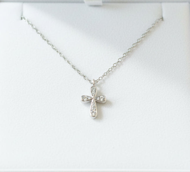 Small Silver Cross with Clear Stones