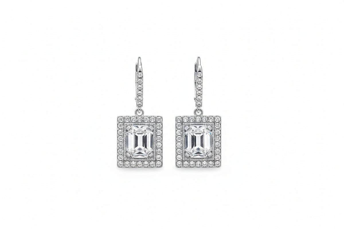 Silverplated Square Drop Cubic Zirconia Earrings