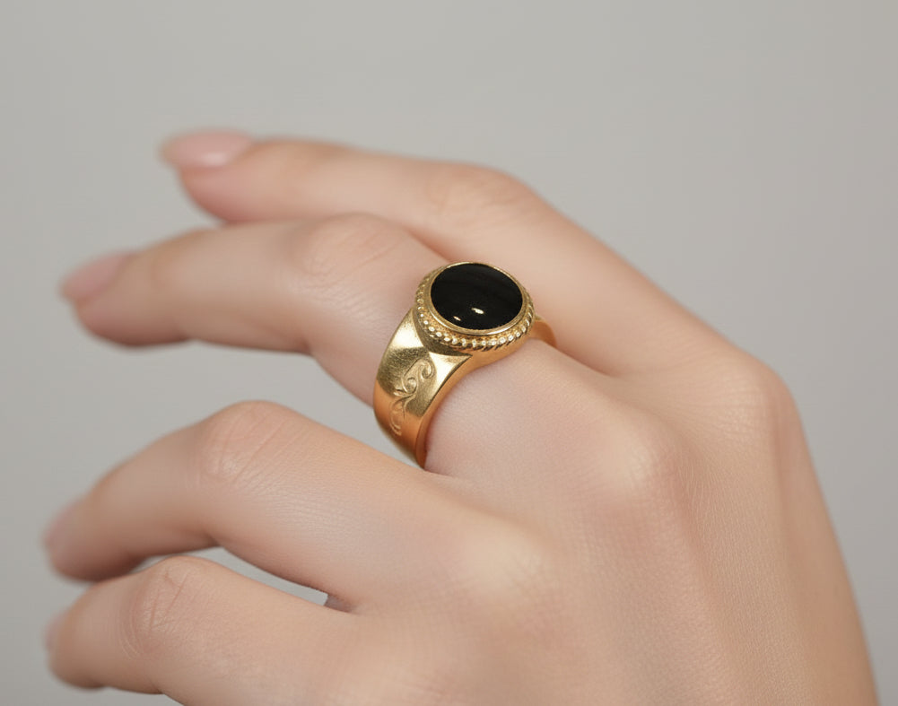 Ring 18k Gold Plated Steel Ring with Black Stone