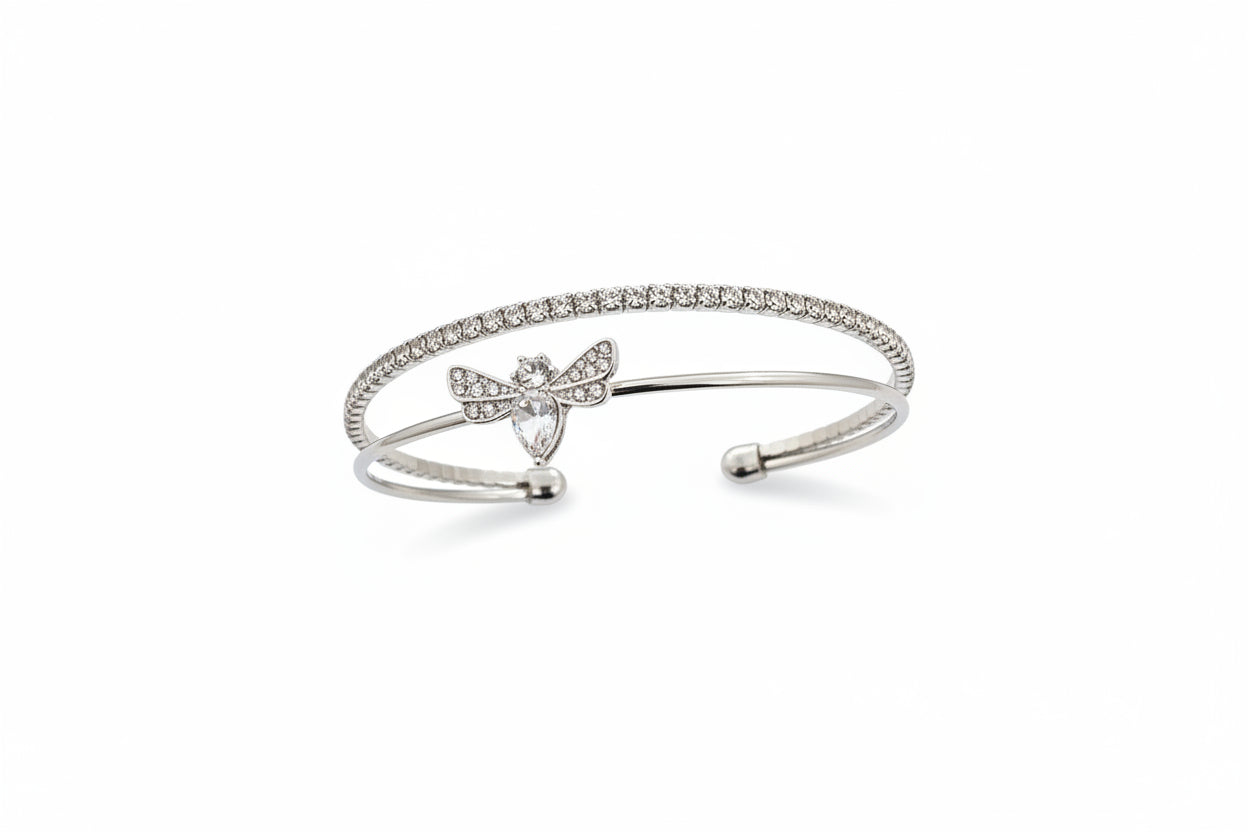 Silver Open Bangle with Diamanté & Bee