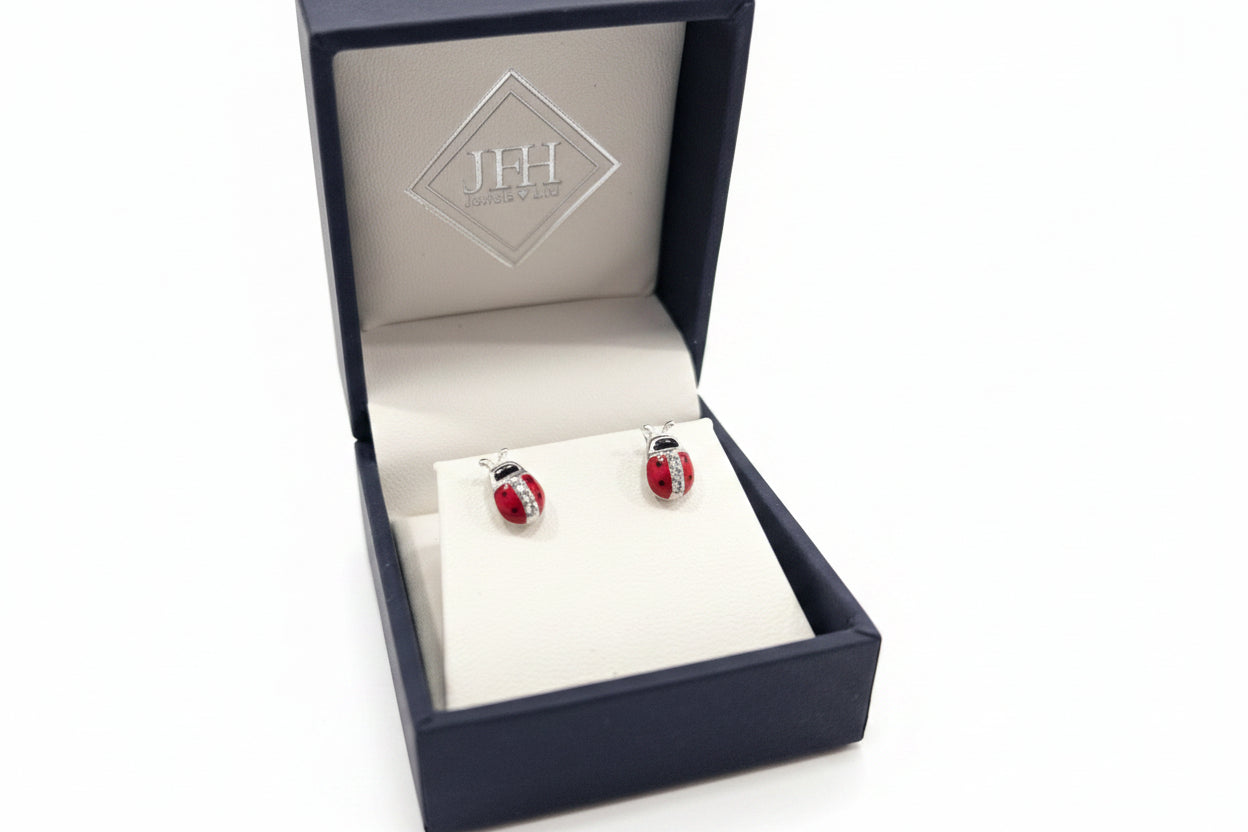 Sterling Silver Cubic Zirconia Ladybird Earrings