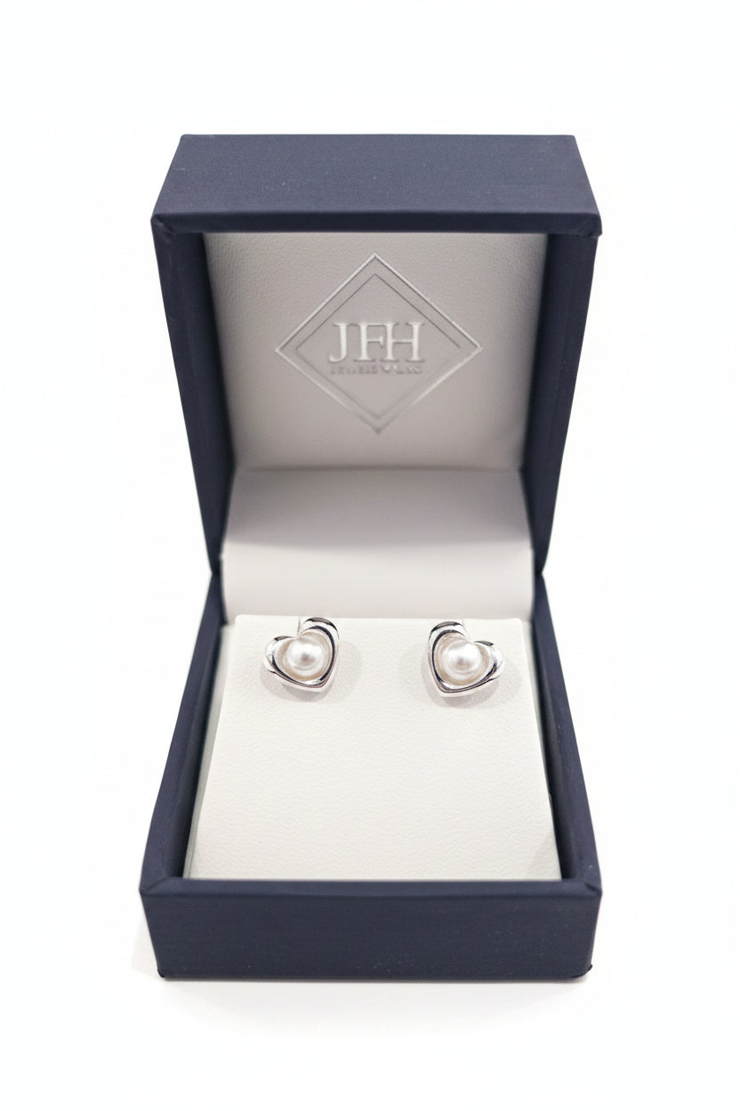 Sterling Silver Heart with Pearl Stud Earrings