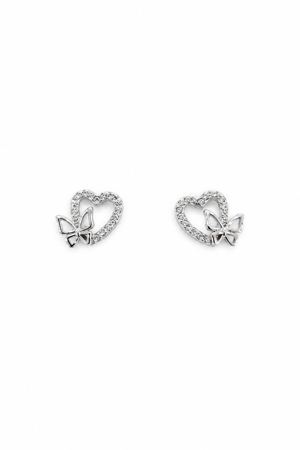 Sterling Silver CZ Heart Butterfly Stud Earrings