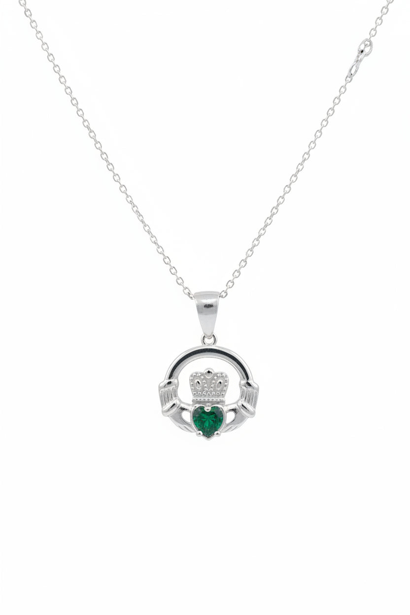 Sterling silver claddagh pendant with green stone