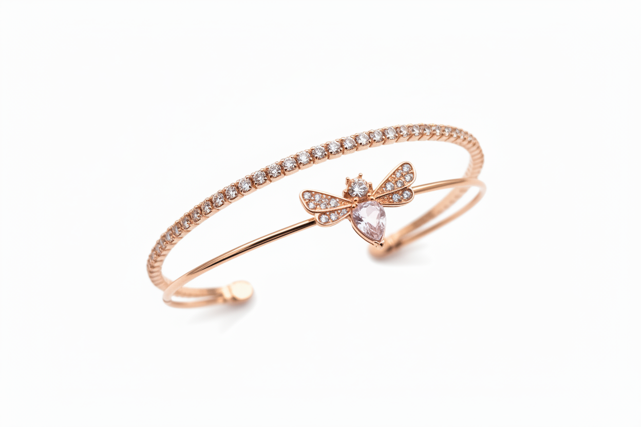 Rosegold Open Bangle with Diamanté & Bee