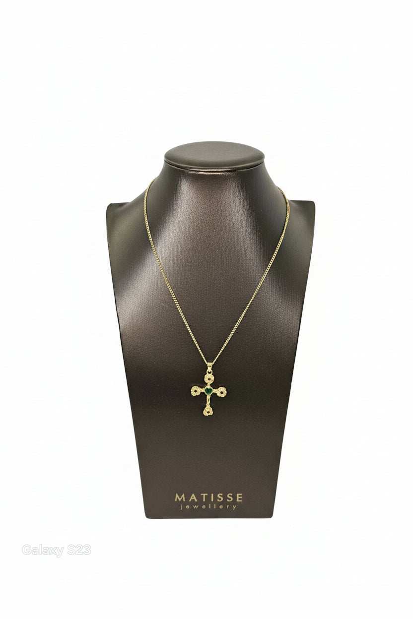 Stainless Steel Goldplated Detailed Cross Necklace with Emerald Stones