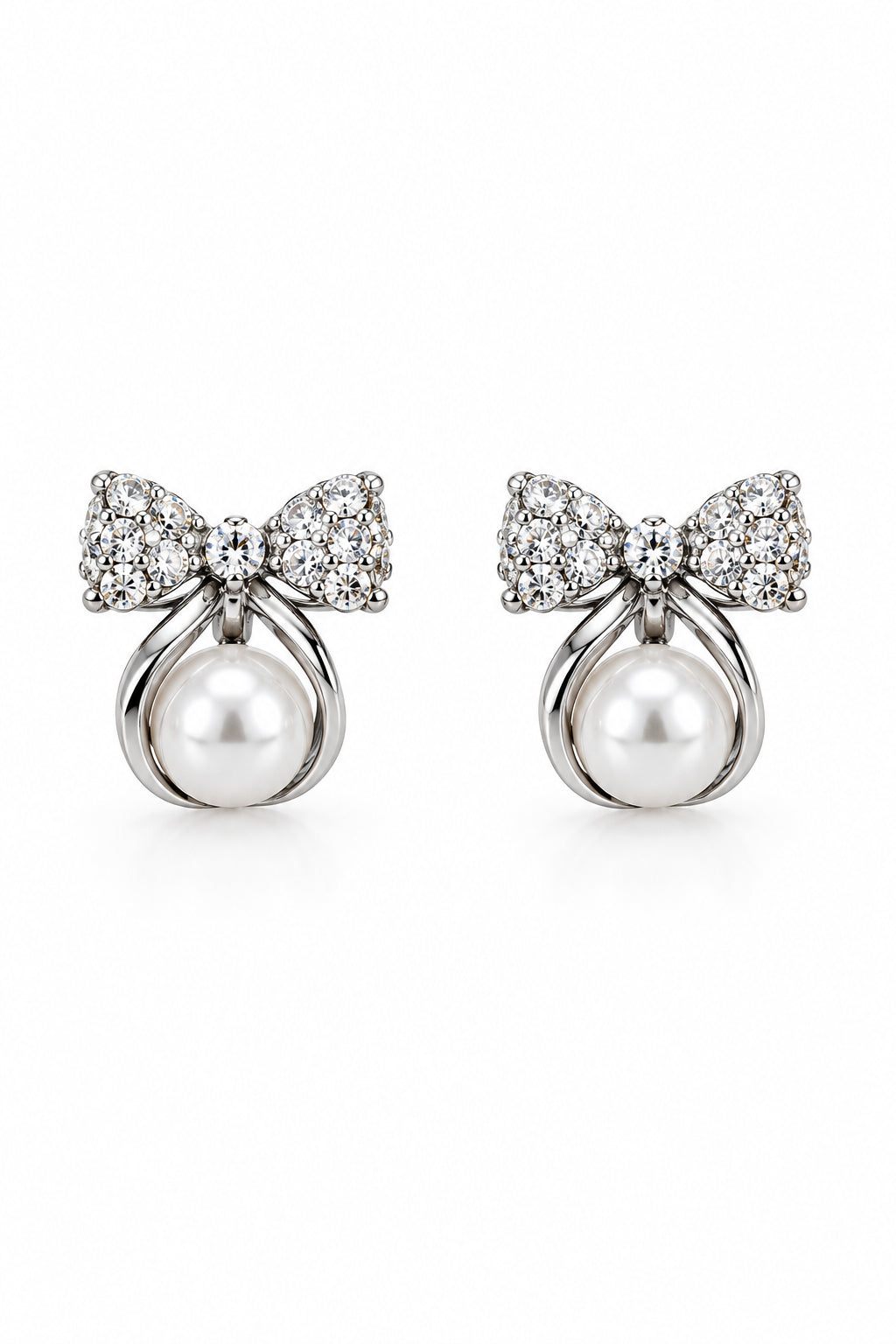 Sterling Silver CZ & Pearl Bow Stud Earrings