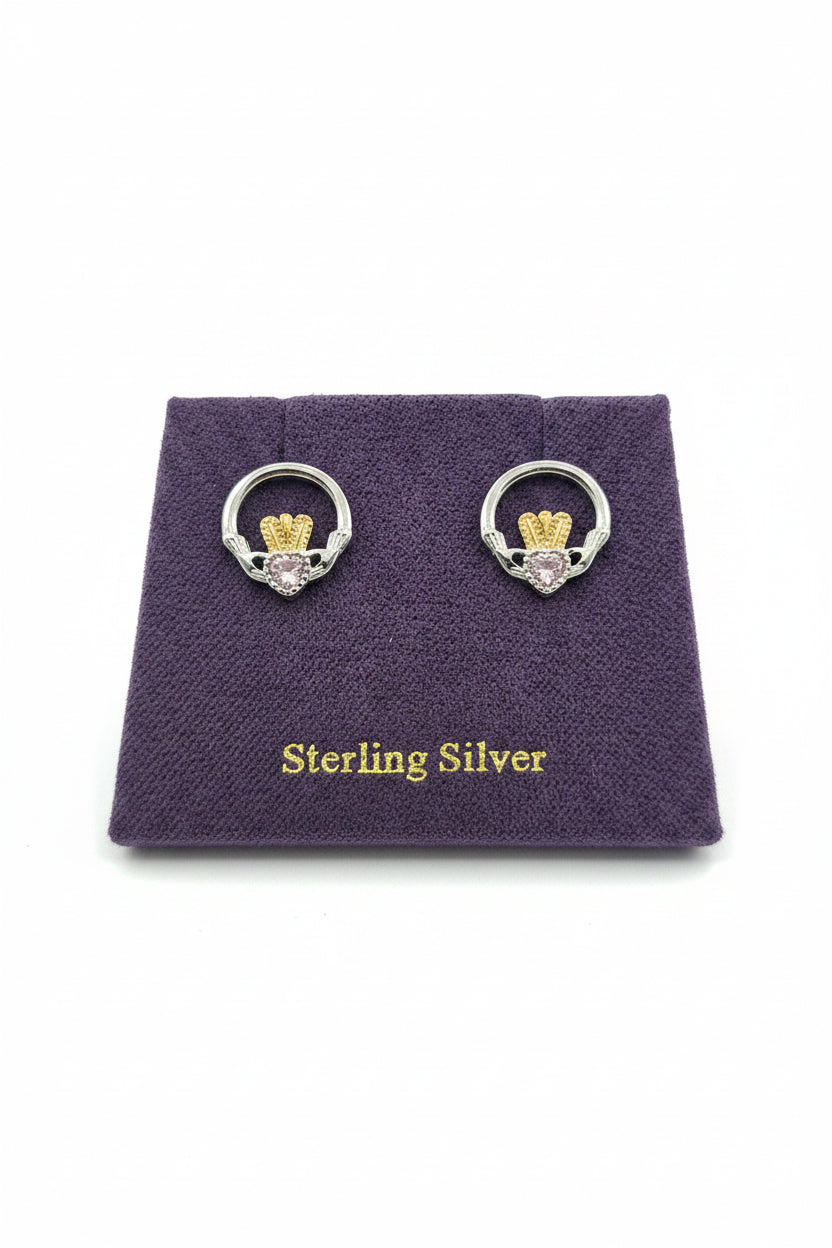 Silver claddagh earings with pink stone