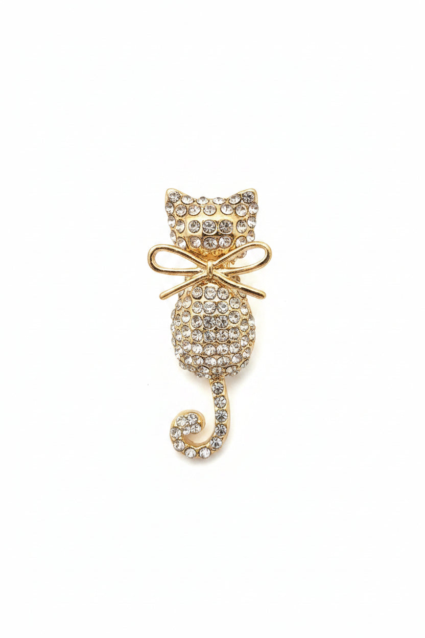 Cat Brooch with Bow & Clear Stones