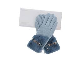 Faux Fur Cuff Belt Boxed Gloves Blue and Grey Pair