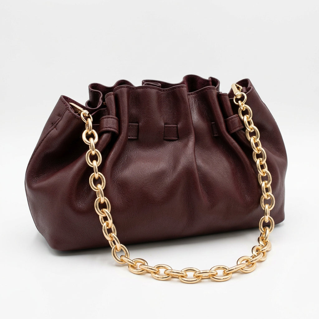 Ivy East/West Pleated Shoulder Bag Burgundy