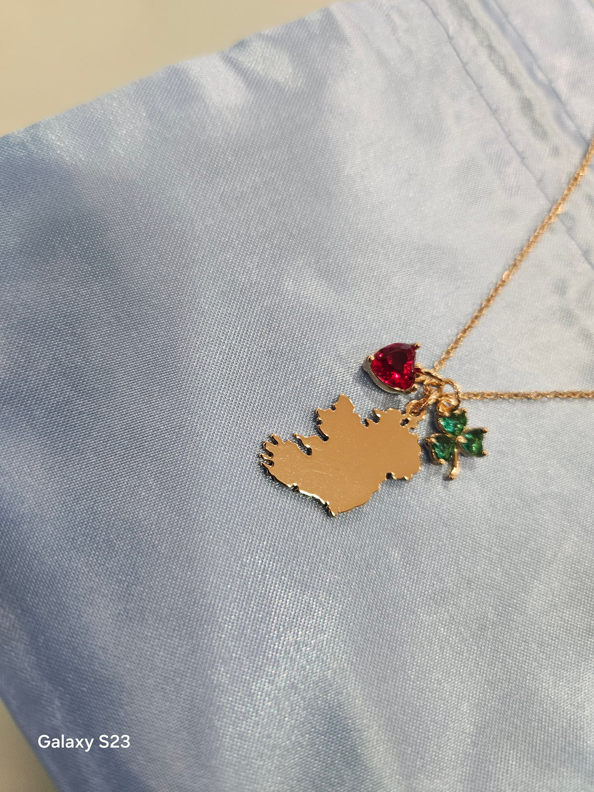 Goldplated Ireland Necklace with Shamrock Charm with Green Stones and Heart with Red stone Charm