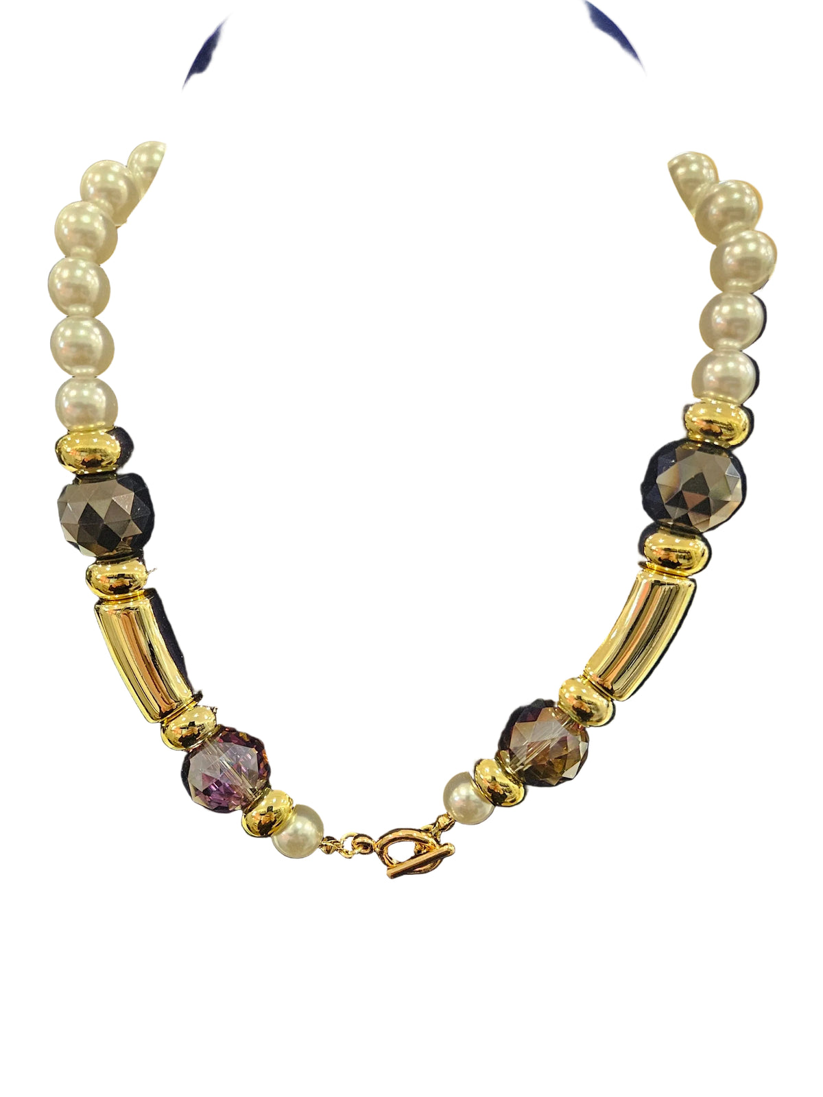 Gold,pearl amethyst stone T bar necklace