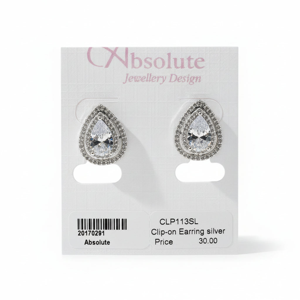 Absolute Clip on Earring Tear Drop Dimante Silverplated