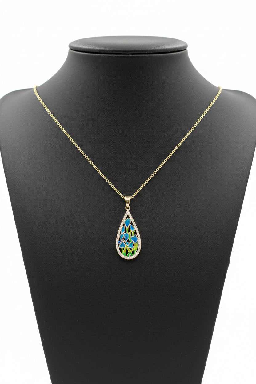 Silver blue & green flower pendant