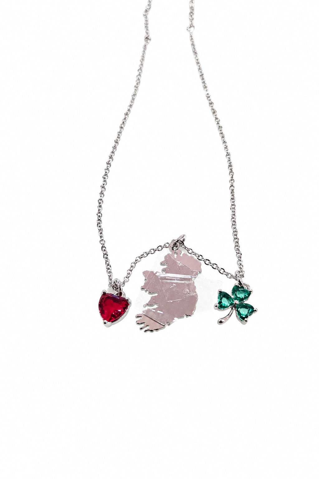 Silver Plated Map of Ireland with Heart & Shamrock Charm Necklace