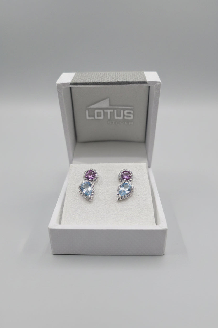 Sterling Silver Pink & Blue drop earrings with clear stones