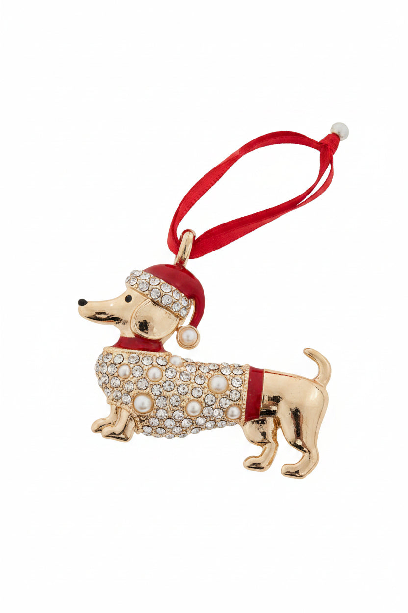 Gold Dachshound with Pearl & Dimante Christmas Tree Decoration