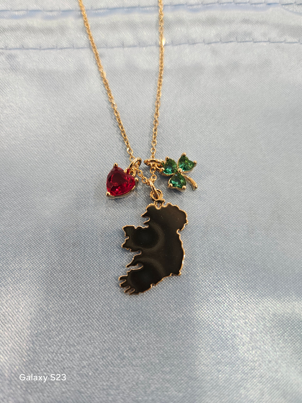 Goldplated Ireland Necklace with Shamrock Charm with Green Stones and Heart with Red stone Charm