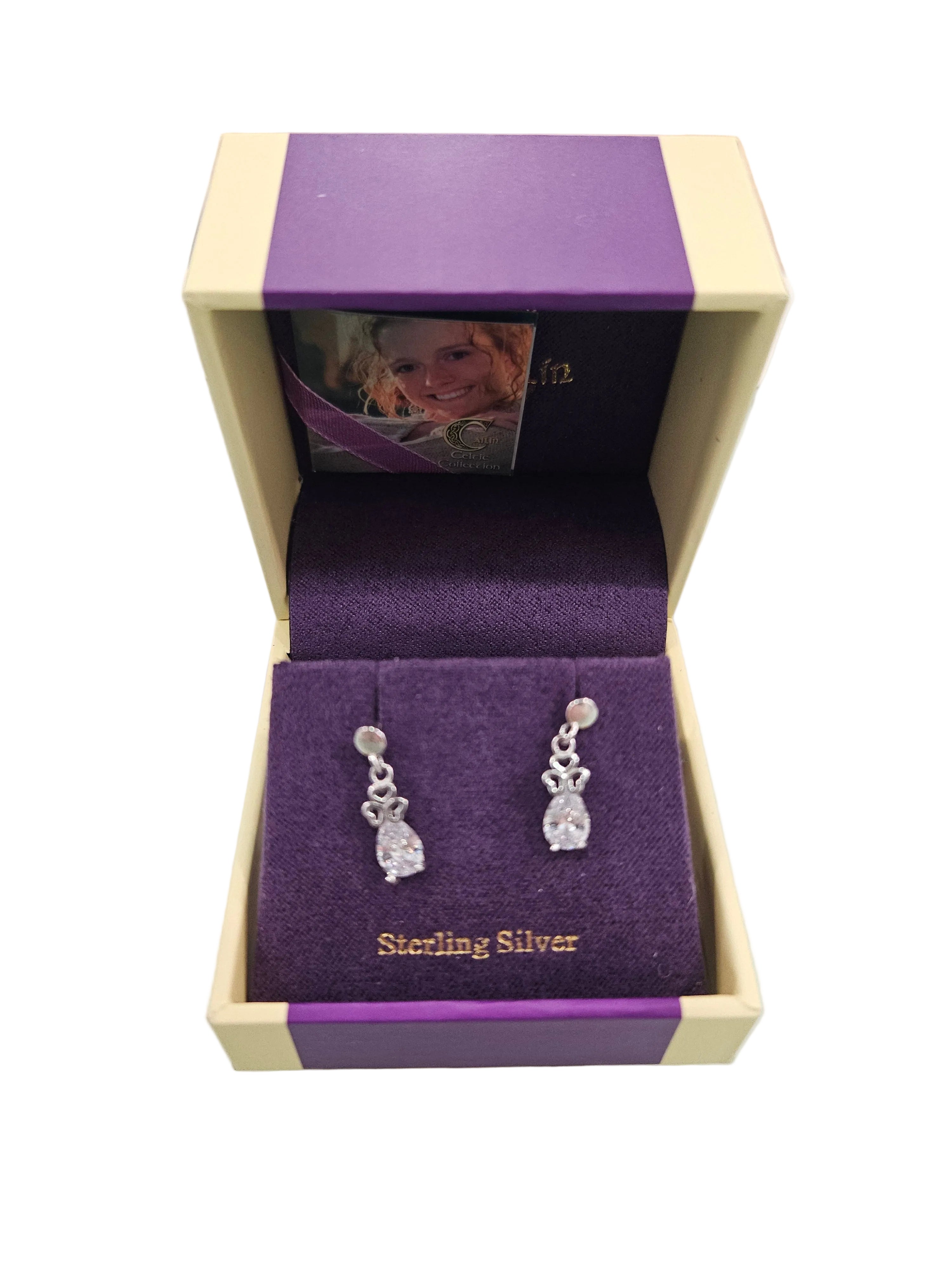 Cailin Sterling Silver Drop Dimante Earring with Silver Shamrock & Clear Stone