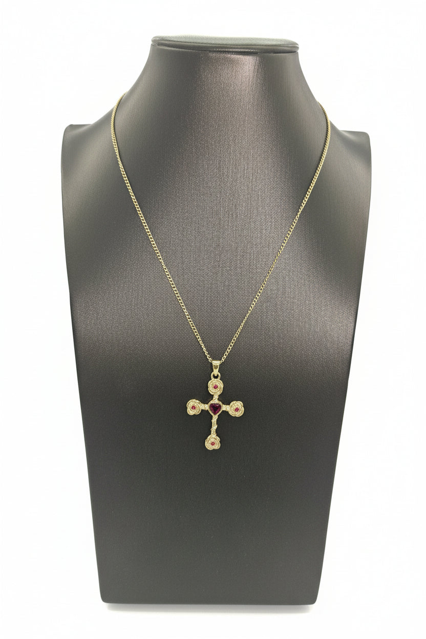 Stainless Steel Goldplated Detailed Cross Necklace Stones