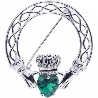 Silver Cladagh Brooch with Green Stone