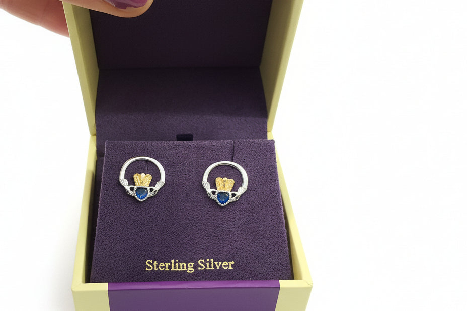 Silver Claddagh Earrings with Sapphire Stone
