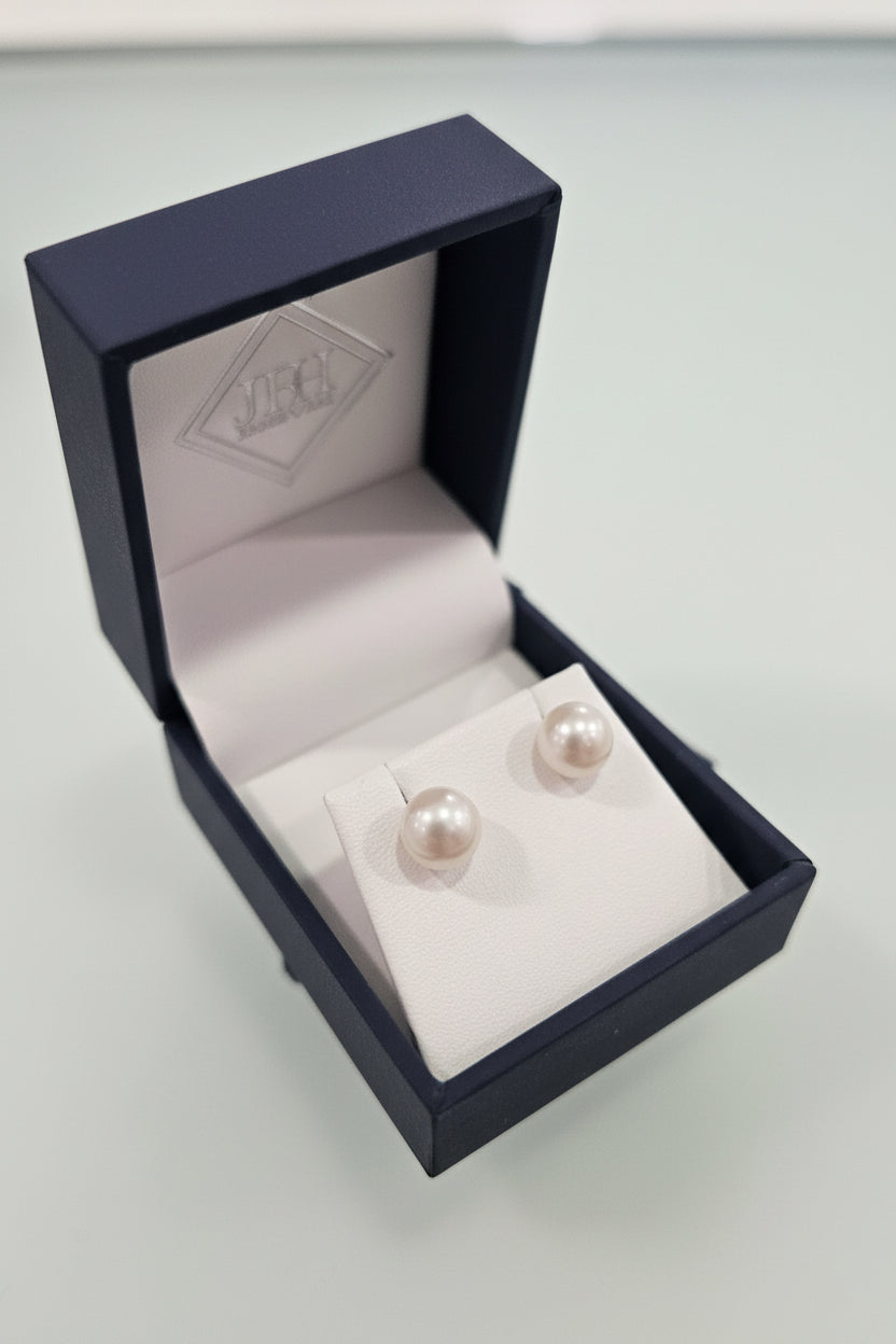 Sterling Silver Button Real Pearl 7.5mm Earrings