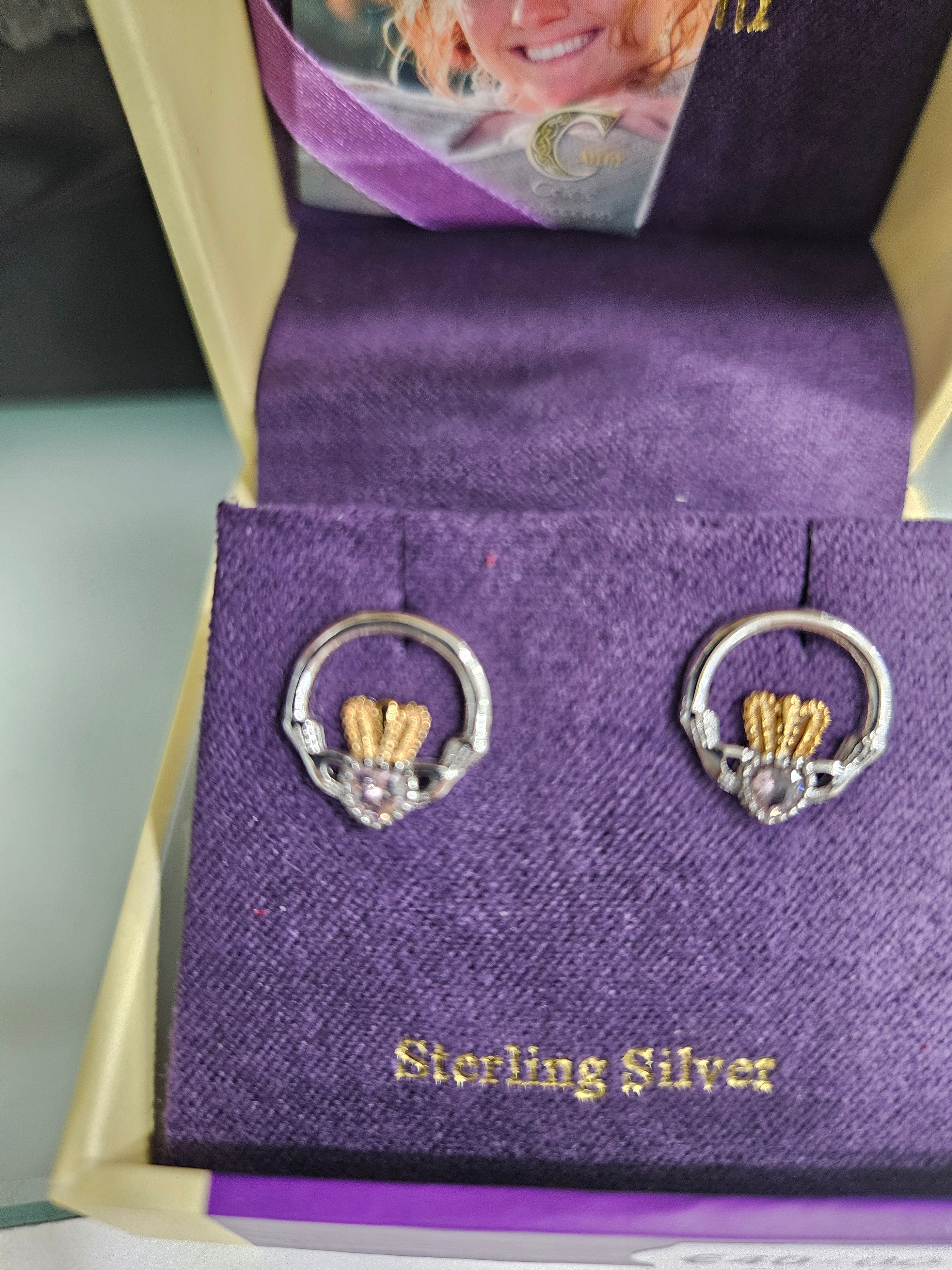 Silver Claddagh Earrings with Light Pink Stone