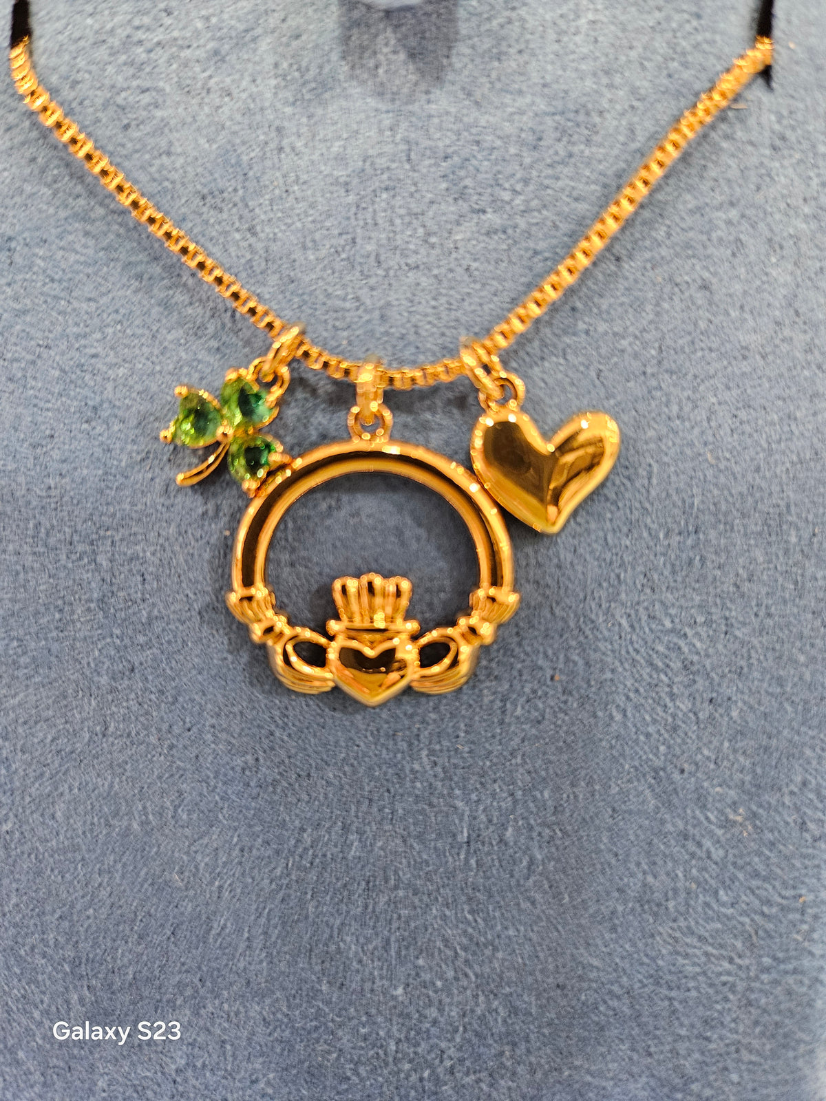 Goldplated Claddagh Necklace with Heart and Green Stone Shamrock Charms