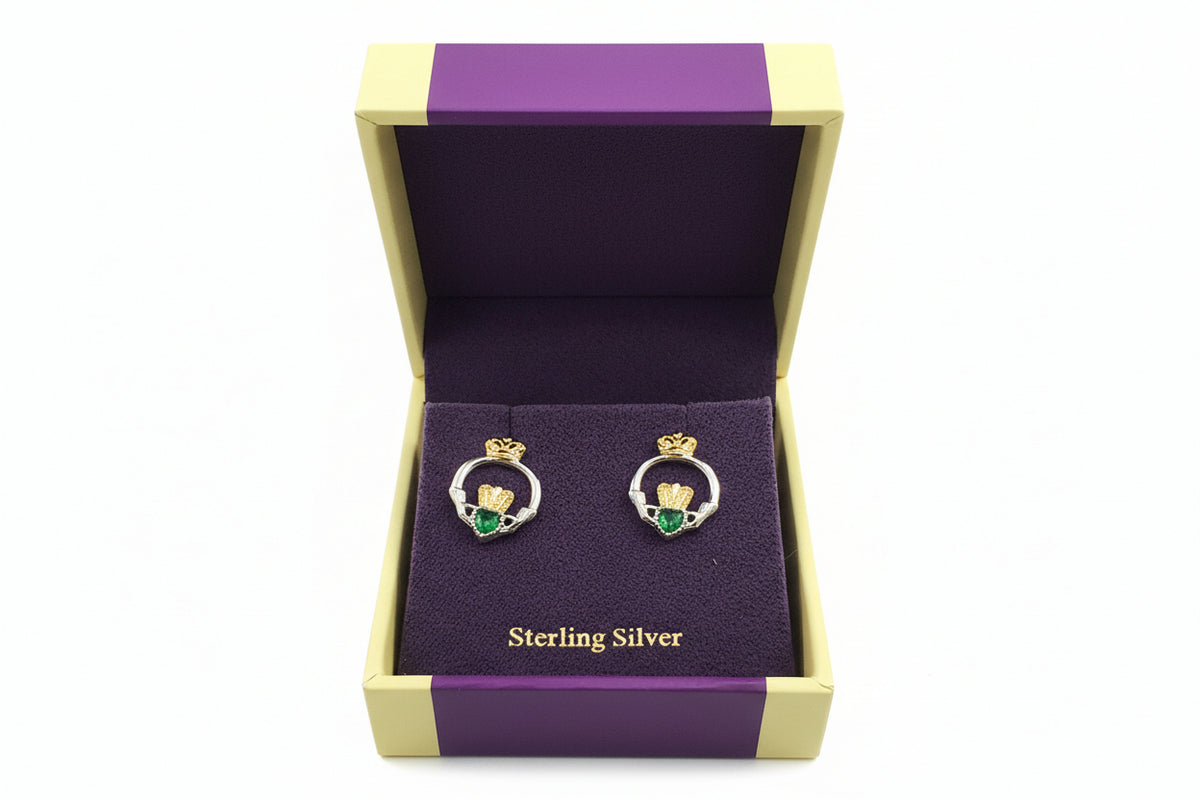 Silver Claddagh Earrings with Green Stone