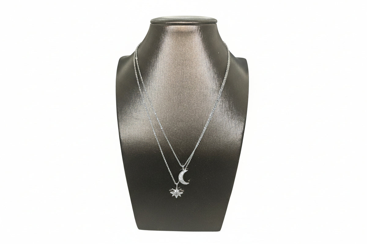Silverplated Double Chain Necklace with Moon and Star with Clear Stones