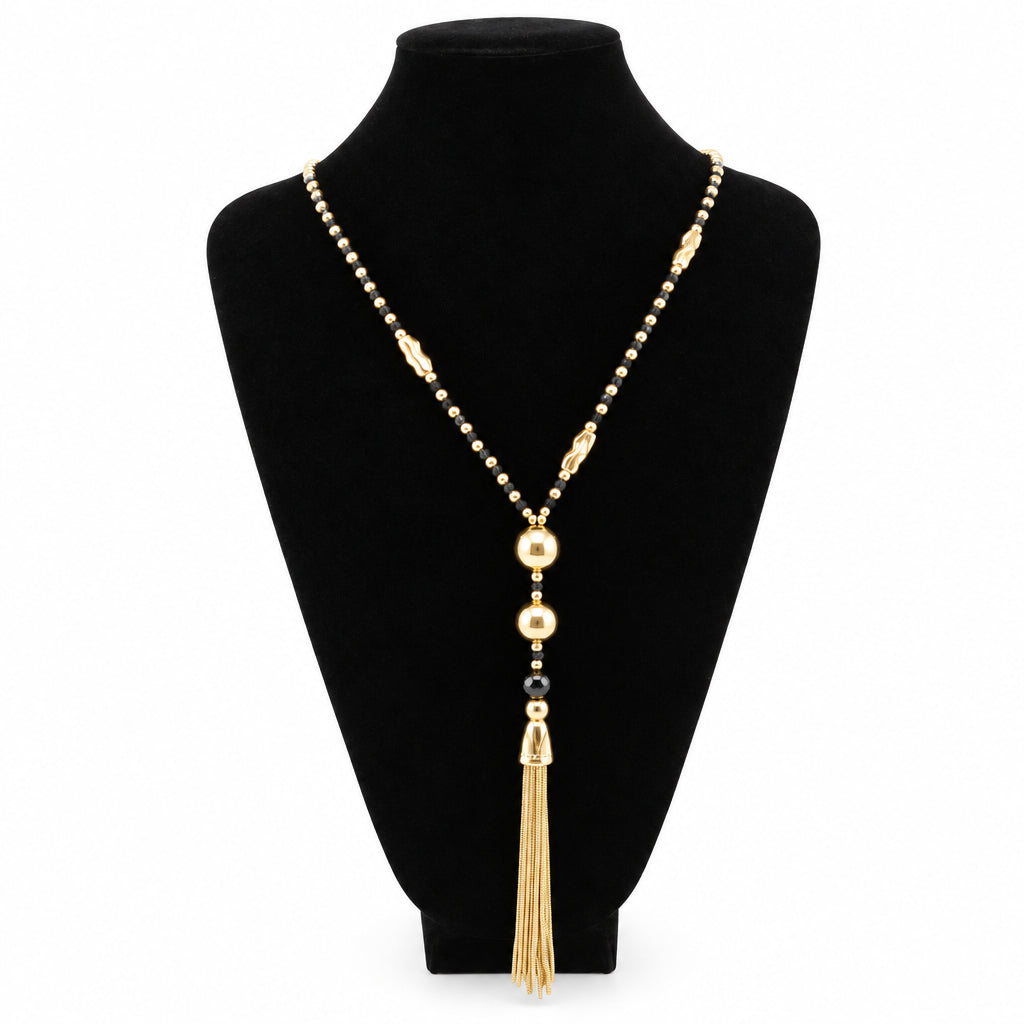 Goldplated Necklace with Black Beads & Black Tassel