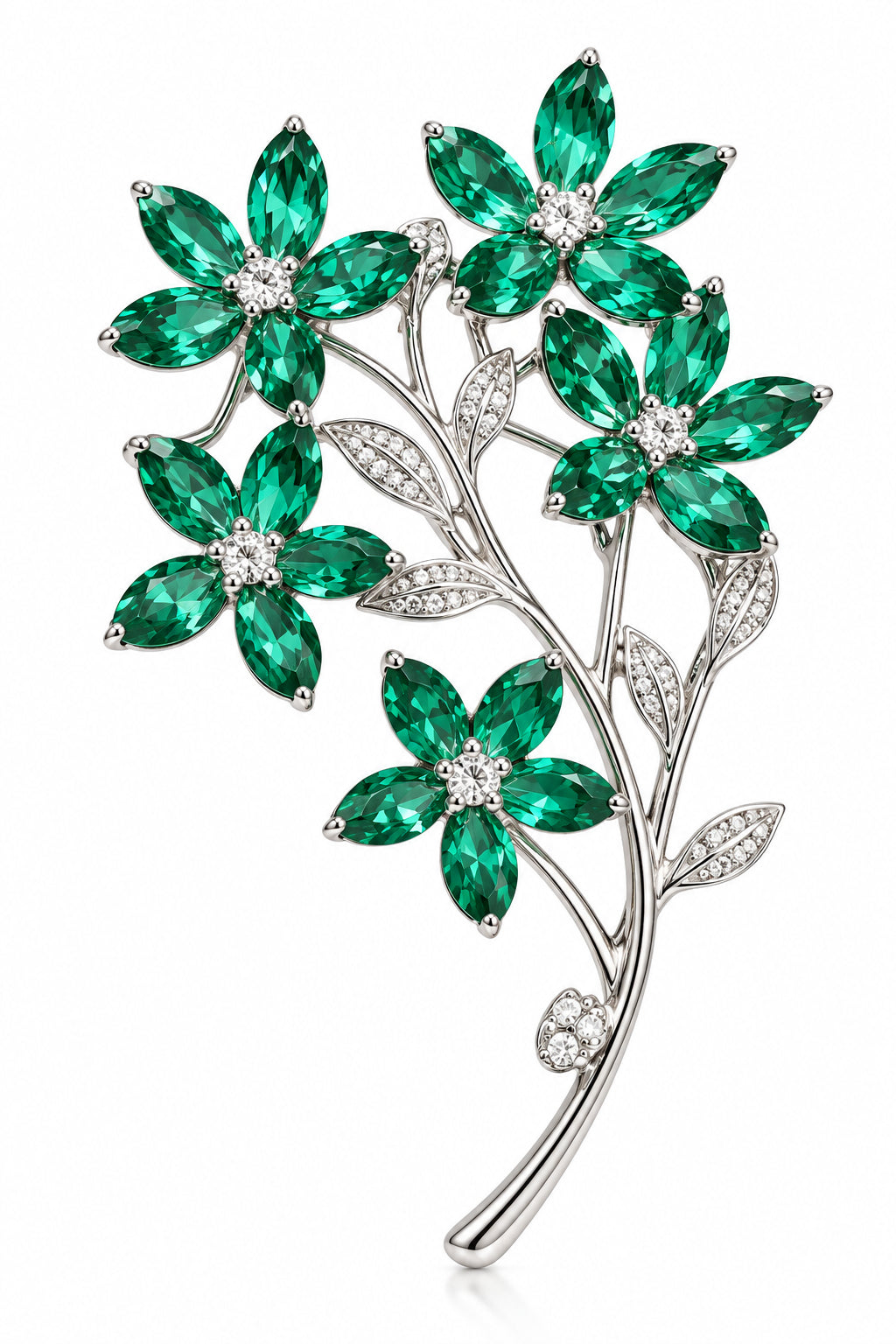 Silver brooch with Emerald flowers