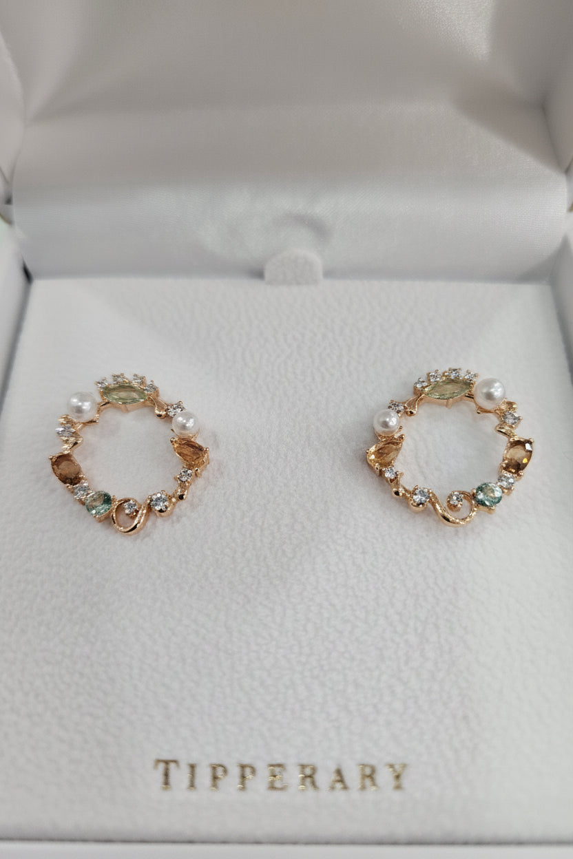 Tipperary Goldplated Circle Earrings with Inlay of Coloured Stones and Pearls
