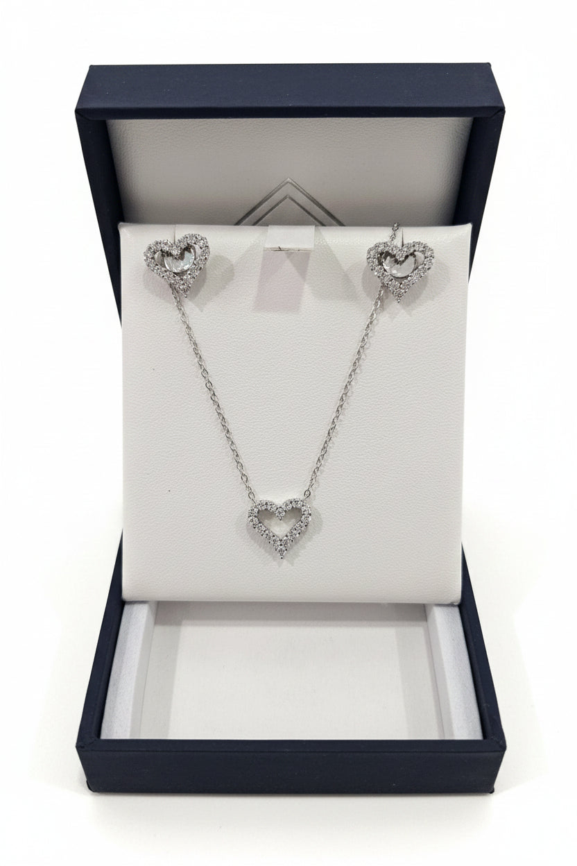 Sterling Silver CZ Heart Pendant & Stud Earrings Set