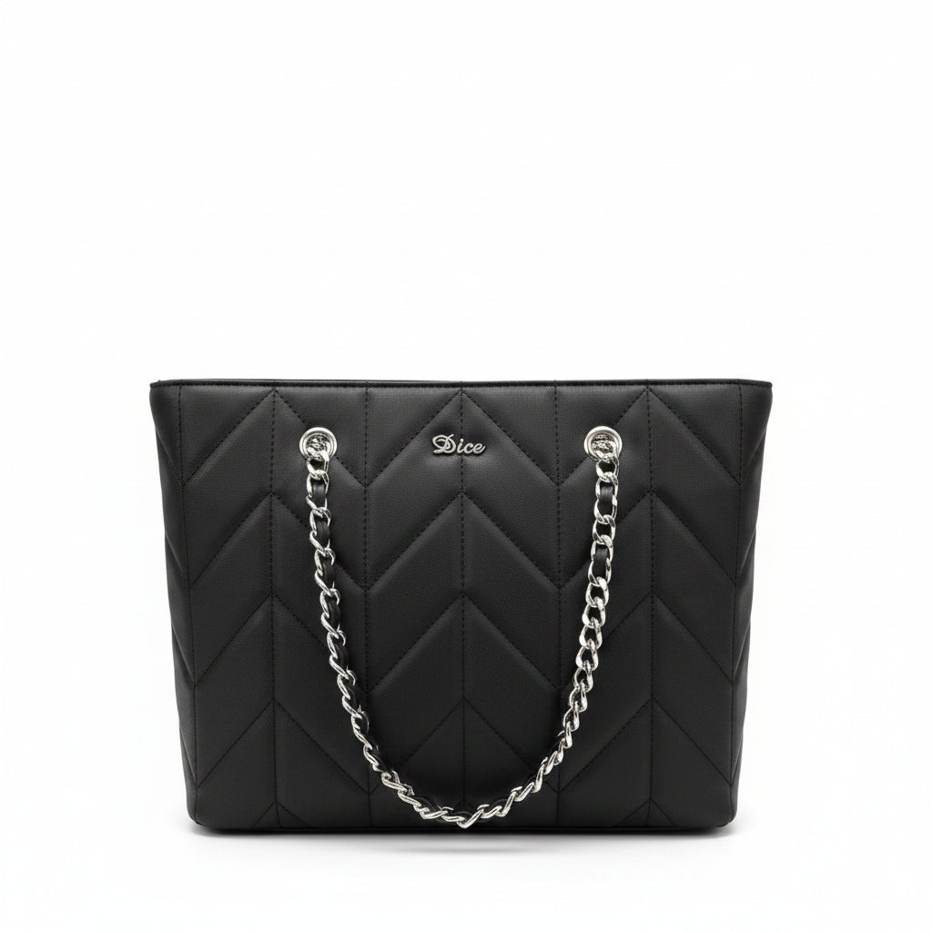 Quilted Tote Bag Black with Silver Zip and Chain
