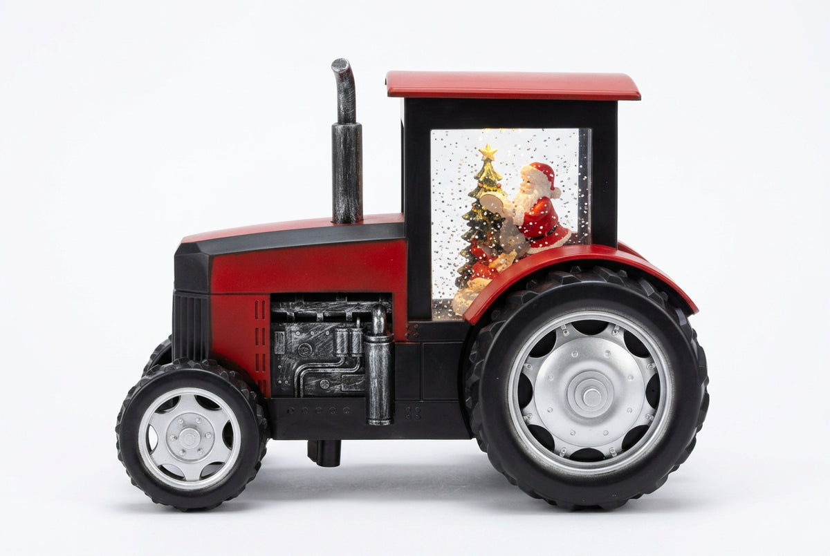 Tractor Santa Snow Globe Red
